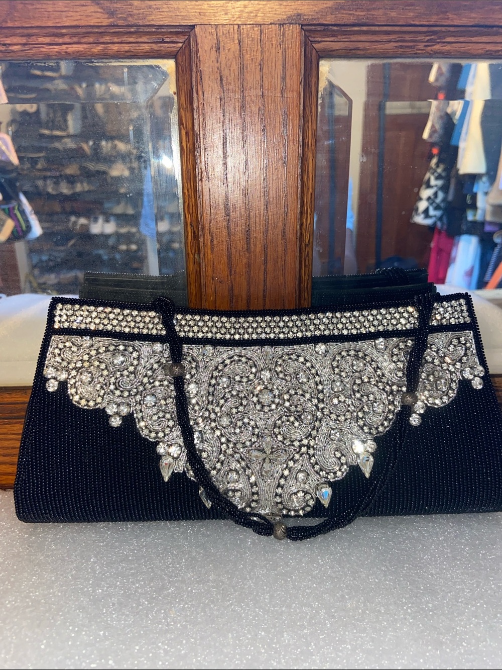 Black Embellished Evening Clutch with Rhinestone And Beed Detail
